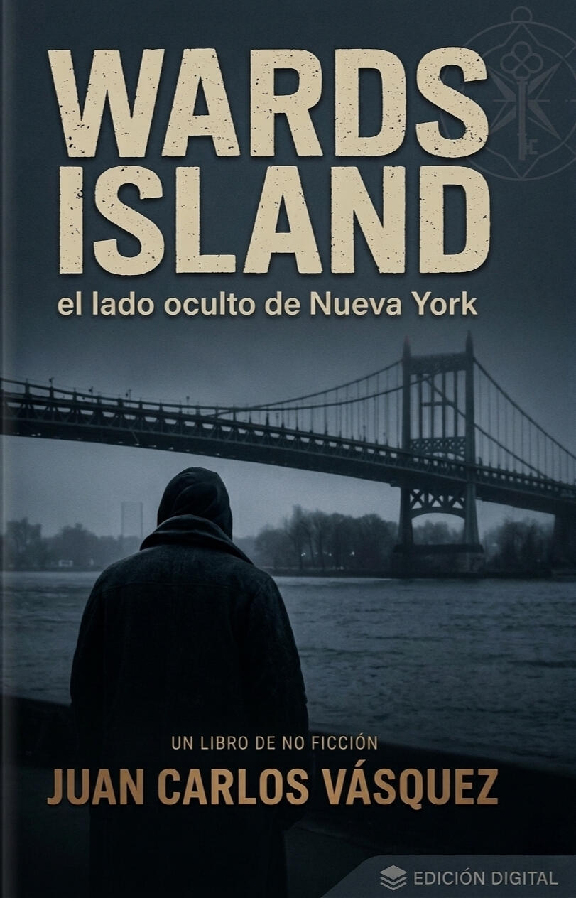 EVIDENCIA_01: WARDS ISLAND (NY) "Portada del libro Wards Island: El lado oculto de Nueva York de Juan Carlos Vásquez. Estética neo-noir, realismo sucio y crónica urbana sobre el submundo neoyorquino."