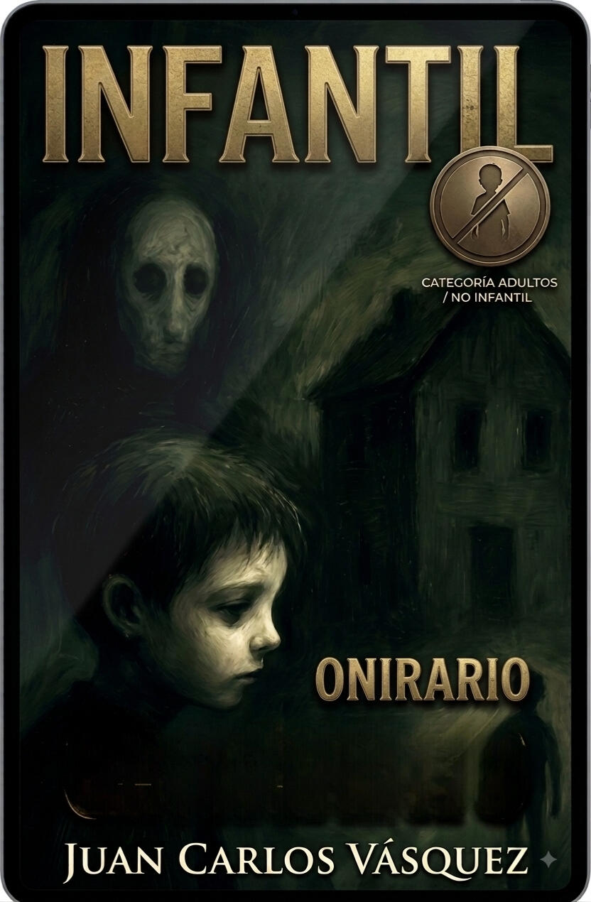 EVIDENCIA_03: INFANTIL (EL UMBRAL DEL SUSPENSO) "Portada del libro Infantil de Juan Carlos Vásquez. Relatos breves de suspenso psicológico y realismo sucio. Un archivo sobre el subconsciente y lo siniestro en el hogar, publicado en Valencia, 2025."